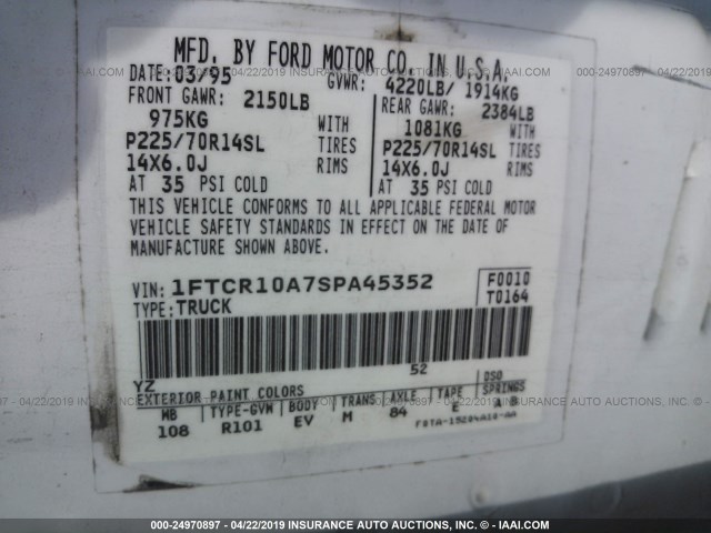 1FTCR10A7SPA45352 - 1995 FORD RANGER WHITE photo 9