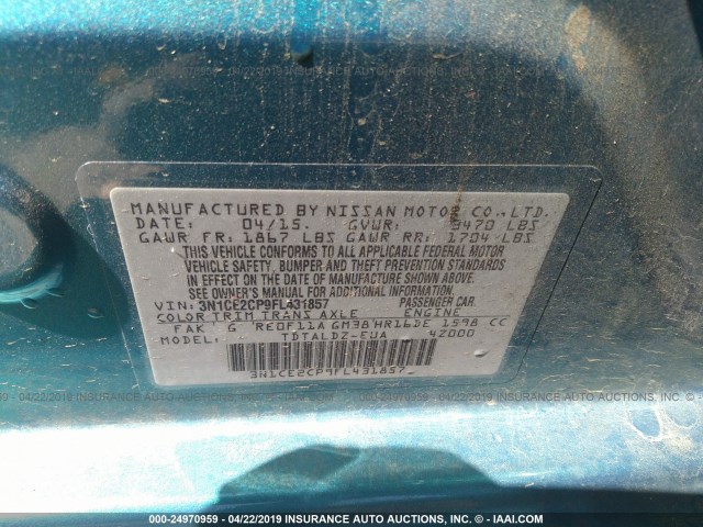 3N1CE2CP9FL431857 - 2015 NISSAN VERSA NOTE S/S PLUS/SV/SL/SR BLUE photo 9