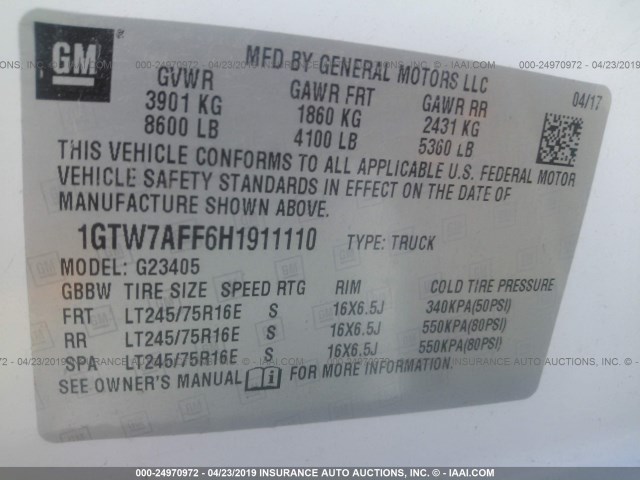 1GTW7AFF6H1911110 - 2017 GMC SAVANA G2500 WHITE photo 9