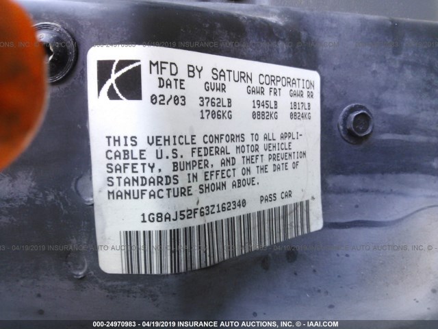 1G8AJ52F63Z162340 - 2003 SATURN ION LEVEL 2 Light Blue photo 9