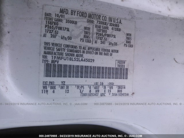 1FMFU18L52LA45029 - 2002 FORD EXPEDITION EDDIE BAUER WHITE photo 9