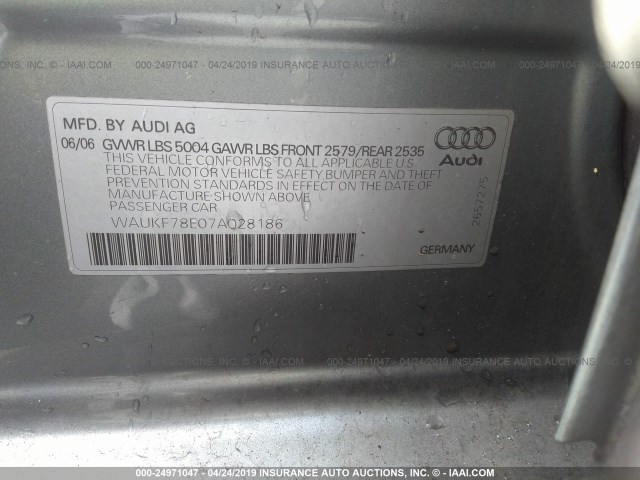 WAUKF78E07A028186 - 2007 AUDI A4 2.0T AVANT QUATTRO GRAY photo 9