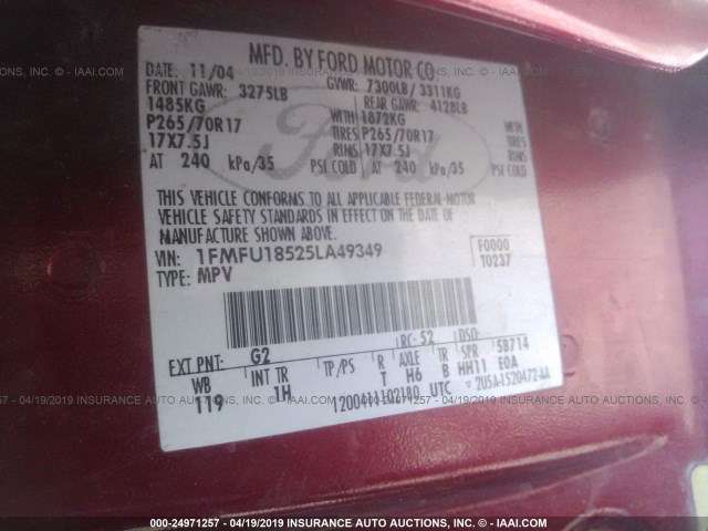 1FMFU18525LA49349 - 2005 FORD EXPEDITION EDDIE BAUER RED photo 9