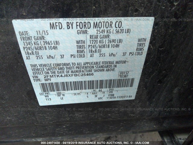 2FMTK4J8XFBC25466 - 2015 FORD EDGE SEL BLACK photo 9