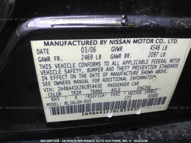 1N4BA41E26C854430 - 2006 NISSAN MAXIMA SE/SL BLACK photo 9