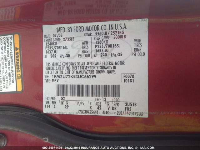 1FMZU72K53UC66299 - 2003 FORD EXPLORER XLS/XLS SPORT RED photo 9