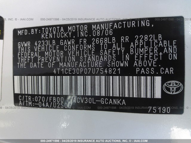 4T1CE30P07U754821 - 2007 TOYOTA CAMRY SOLARA SE/SLE 白色 照片 9