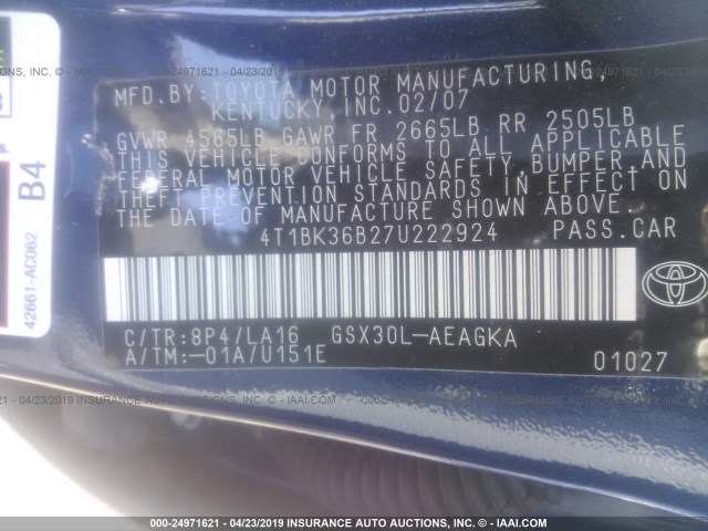 4T1BK36B27U222924 - 2007 TOYOTA AVALON XL/XLS/TOURING/LIMITED BLUE photo 9