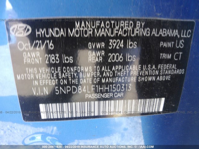 5NPD84LF1HH150313 - 2017 HYUNDAI ELANTRA SE/VALUE/LIMITED BLUE photo 9