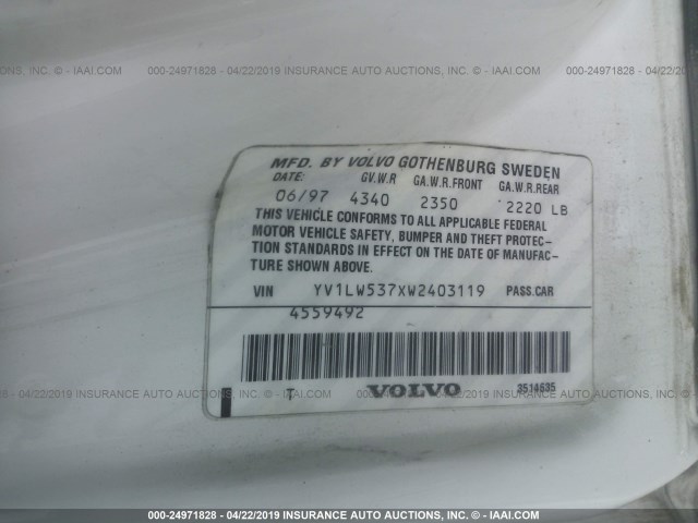 YV1LW537XW2403119 - 1998 VOLVO V70 T5 TURBO WHITE photo 9