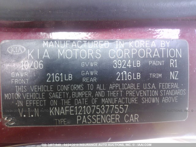 KNAFE121075377557 - 2007 KIA SPECTRA EX/LX RED photo 9