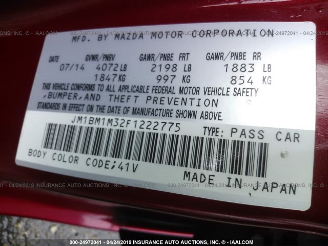 JM1BM1M32F1222775 - 2015 MAZDA 3 GRAND TOURING RED photo 9