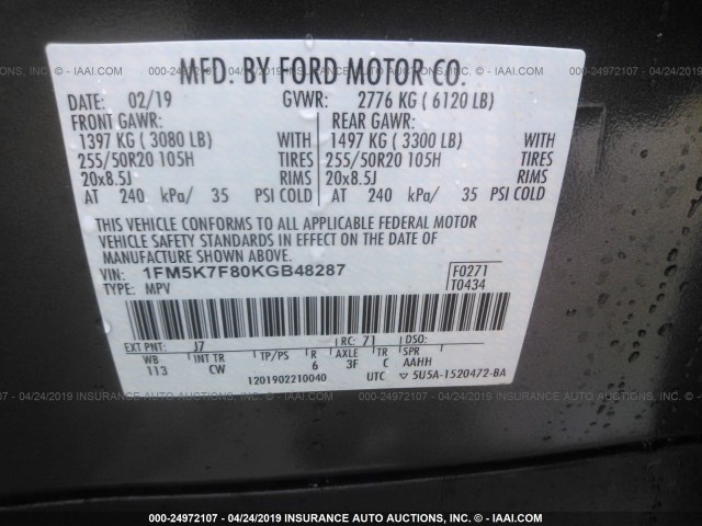 1FM5K7F80KGB48287 - 2019 FORD EXPLORER LIMITED GRAY photo 9