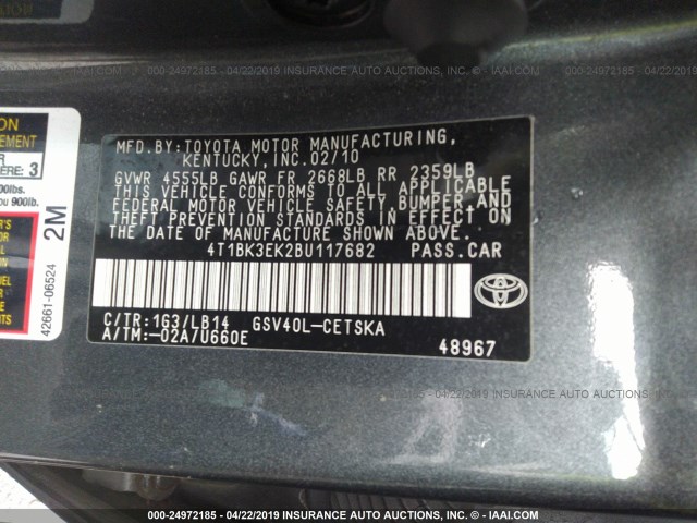 4T1BK3EK2BU117682 - 2011 TOYOTA CAMRY SE/LE/XLE GRAY photo 9