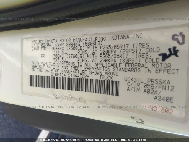 5TBET34154S447629 - 2004 TOYOTA TUNDRA DOUBLE CAB SR5 WHITE photo 9