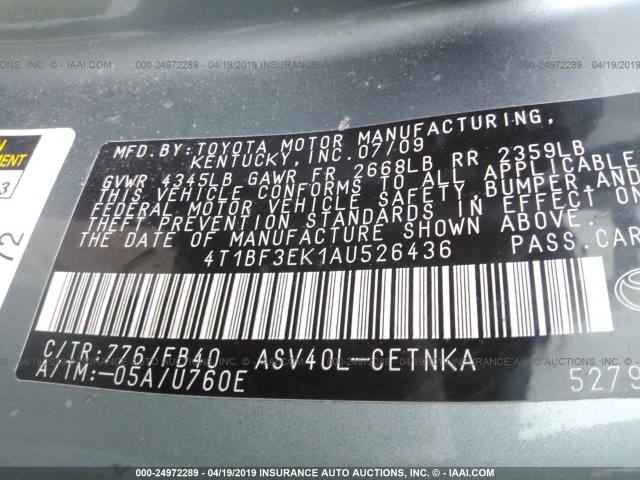 4T1BF3EK1AU526436 - 2010 TOYOTA CAMRY SE/LE/XLE GREEN photo 9
