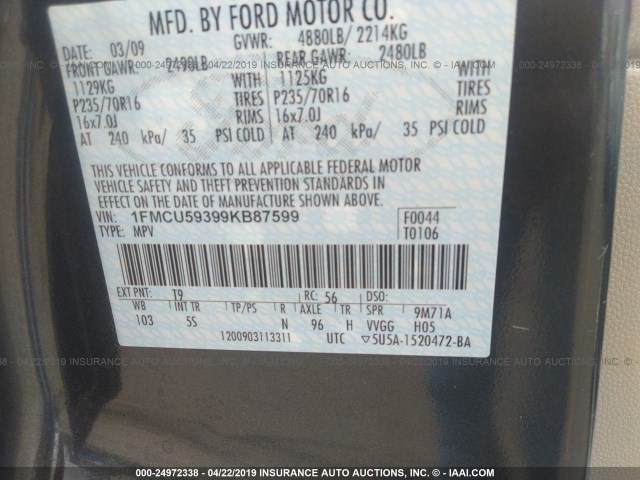 1FMCU59399KB87599 - 2009 FORD ESCAPE HYBRID GRAY photo 9