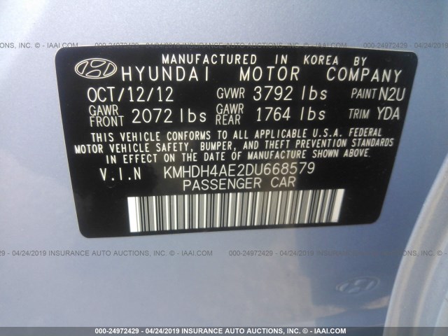 KMHDH4AE2DU668579 - 2013 HYUNDAI ELANTRA GLS/LIMITED BLUE photo 9