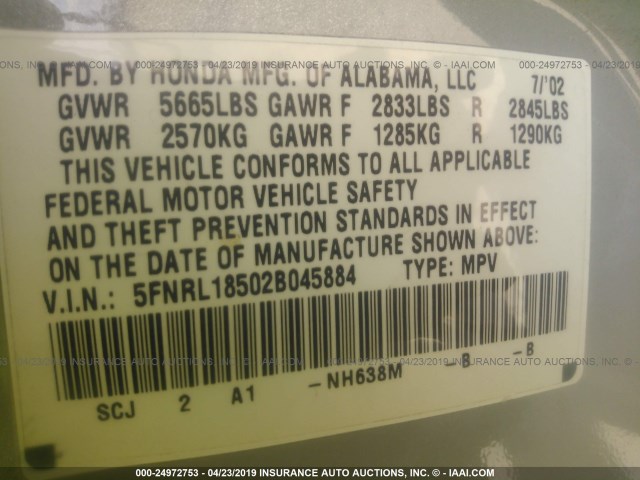 5FNRL18502B045884 - 2002 HONDA ODYSSEY LX SILVER photo 9