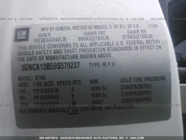 3GNCA13B59S579237 - 2009 CHEVROLET HHR LS Blanco foto 9