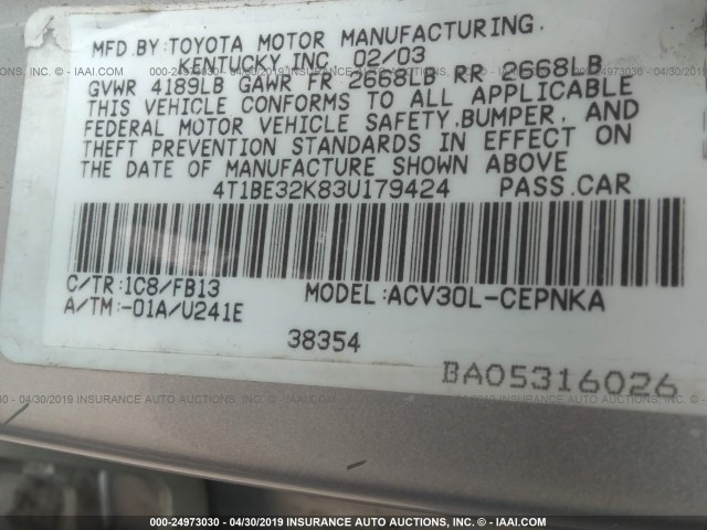 4T1BE32K83U179424 - 2003 TOYOTA CAMRY LE/XLE/SE SILVER photo 9