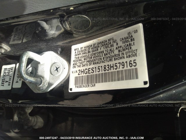 2HGES15183H579165 - 2003 HONDA CIVIC DX BLACK photo 9