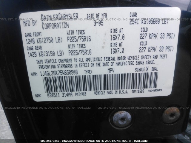 1J4GL38K75W650908 - 2005 JEEP LIBERTY RENEGADE BLACK photo 9