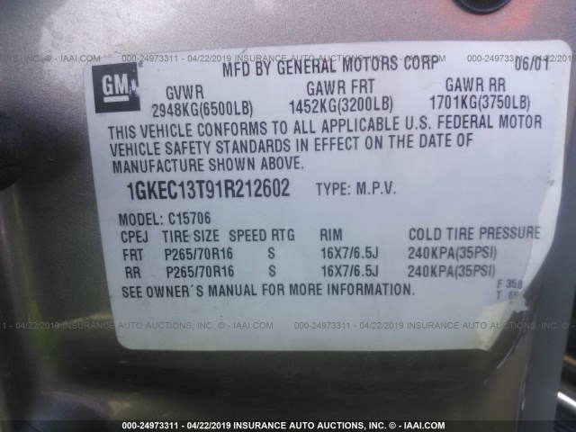 1GKEC13T91R212602 - 2001 GMC YUKON TAN photo 9