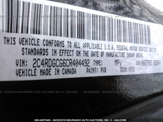 2C4RDGCG6CR404492 - 2012 DODGE GRAND CARAVAN SXT BLACK photo 9