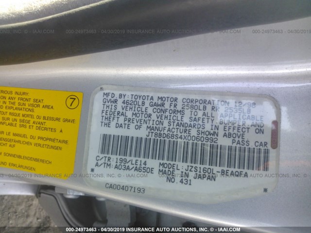 JT8BD68S4X0060992 - 1999 LEXUS GS 300 SILVER photo 9