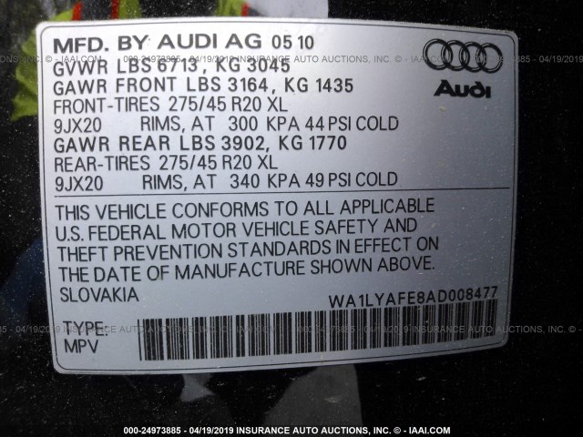 WA1LYAFE8AD008477 - 2010 AUDI Q7 PREMIUM PLUS BLACK photo 9