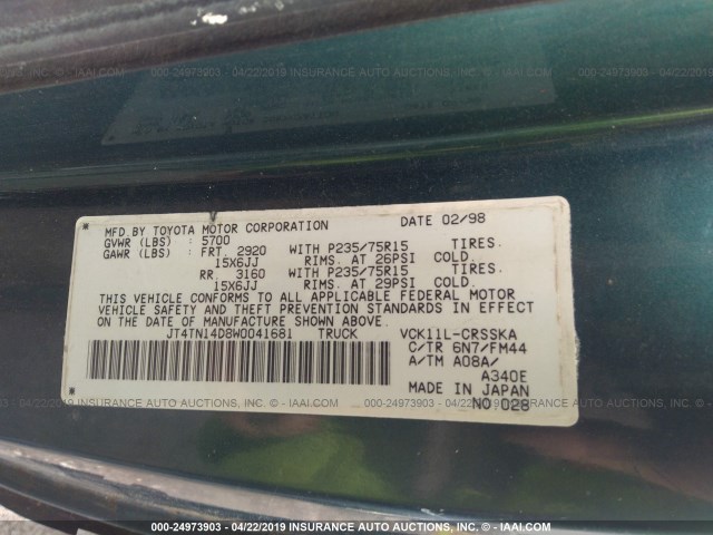 JT4TN14D8W0041681 - 1998 TOYOTA T100 XTRACAB SR5 GREEN photo 9