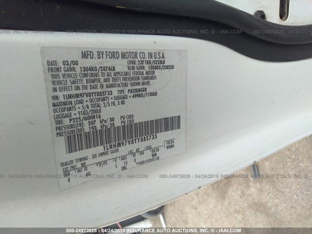 1LNHM97V8YY885733 - 2000 LINCOLN CONTINENTAL  Biały zdjęcie 9