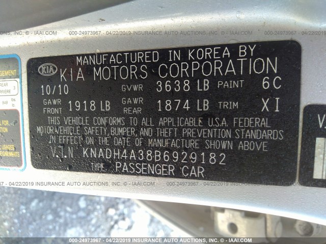 KNADH4A38B6929182 - 2011 KIA RIO LX/SX SILVER photo 9