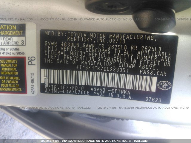 4T1BF1FK7DU233051 - 2013 TOYOTA CAMRY L/SE/LE/XLE 银色 照片 9