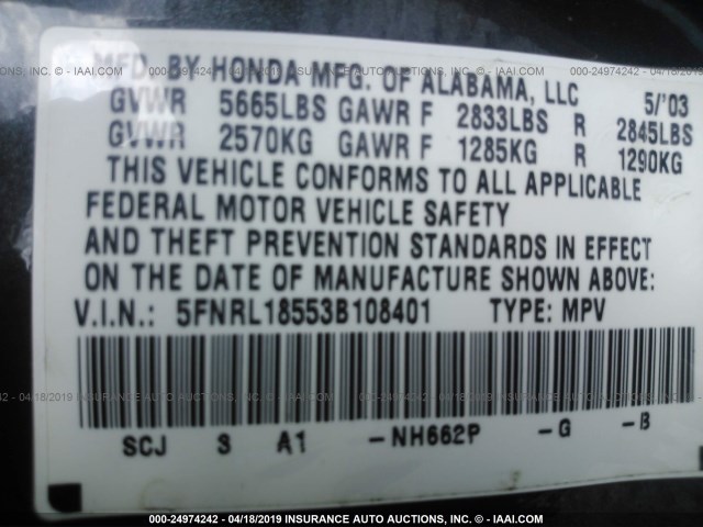 5FNRL18553B108401 - 2003 HONDA ODYSSEY GRAY photo 9