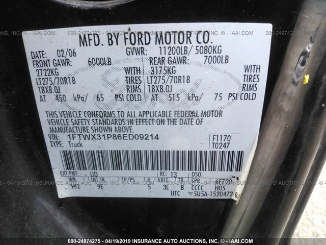 1FTWX31P86ED09214 - 2006 FORD F350 SRW SUPER DUTY BLACK photo 9