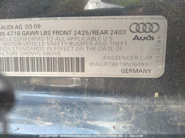 WAUJF78K19N064997 - 2009 AUDI A4 PREMIUM PLUS GRAY photo 9