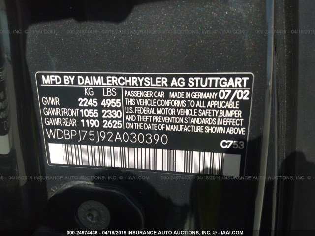 WDBPJ75J92A030390 - 2002 MERCEDES-BENZ CL 500 BLACK photo 9