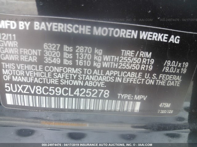5UXZV8C59CL425278 - 2012 BMW X5 XDRIVE50I BLACK photo 9