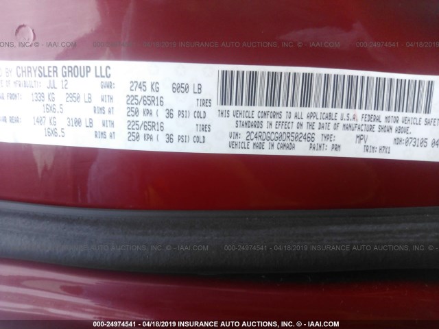 2C4RDGCG0DR502466 - 2013 DODGE GRAND CARAVAN SXT RED photo 9