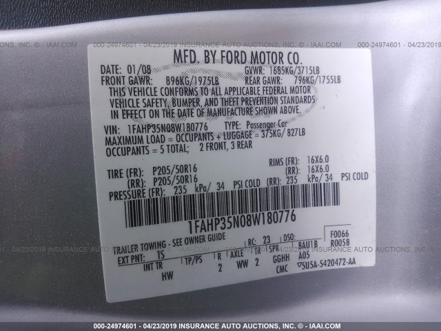 1FAHP35N08W180776 - 2008 FORD FOCUS SE/SEL/SES SILVER photo 9