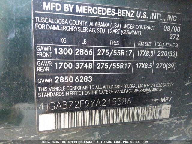 4JGAB72E9YA215586 - 2000 MERCEDES-BENZ ML 430 BLACK photo 9