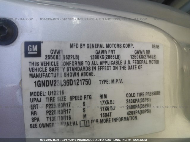 1GNDV23L36D121750 - 2006 CHEVROLET UPLANDER LS SILVER photo 9