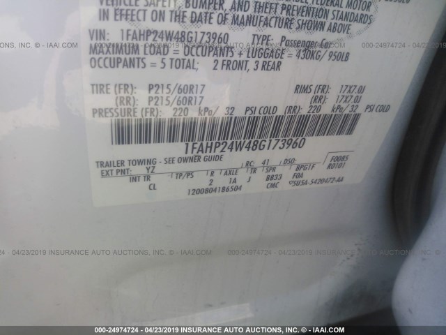 1FAHP24W48G173960 - 2008 FORD TAURUS SEL WHITE photo 9