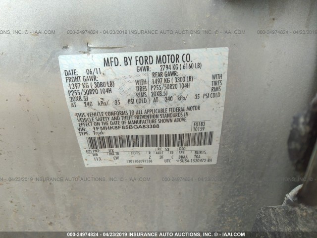 1FMHK8F85BGA83388 - 2011 FORD EXPLORER LIMITED SILVER photo 9