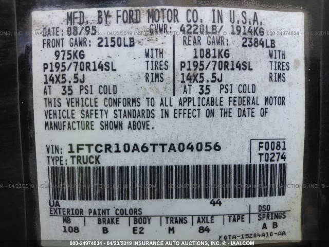 1FTCR10A6TTA04056 - 1996 FORD RANGER BLACK photo 9