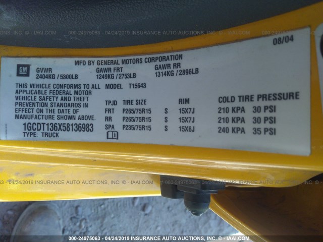 1GCDT136X58136983 - 2005 CHEVROLET COLORADO YELLOW photo 9