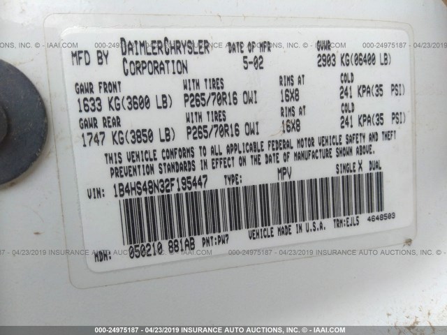 1B4HS48N32F195447 - 2002 DODGE DURANGO SLT WHITE photo 9