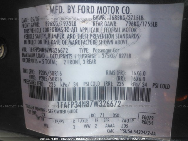 1FAFP34N87W326672 - 2007 FORD FOCUS ZX4/S/SE/SES GRAY photo 9